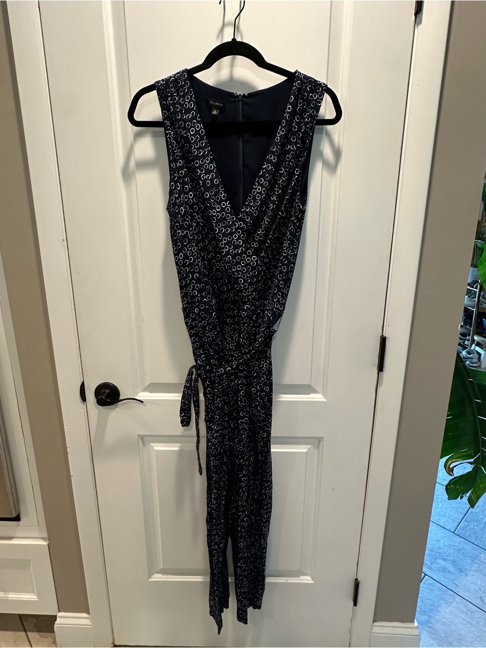 Talbots Navy Wrap Jumpsuit with Subtle White Print